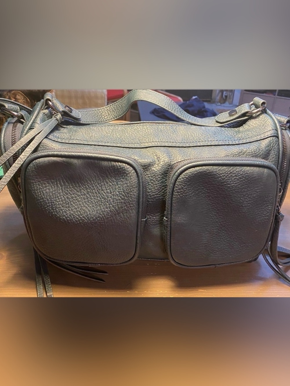 BCBGeneration Mini Duffel Bag Satchel Crossbody Green Grey Multi Pocket